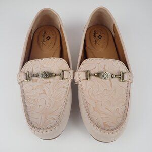 Women's Light Pink Embossed Leather Loafers with Metal Bit
